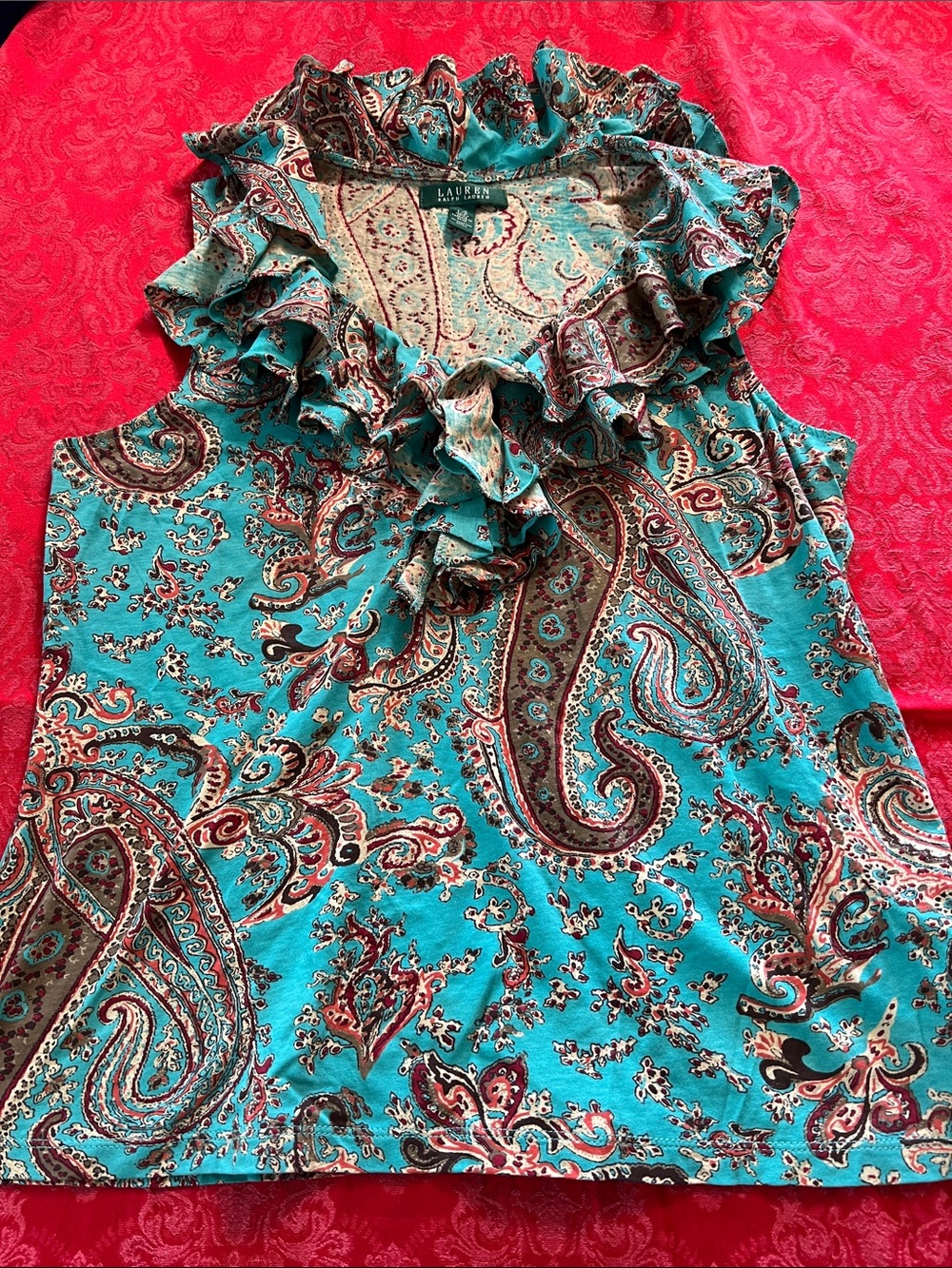 Lauren Ralph Lauren Turquoise Paisley Ruffle Sleeveless Top Women’s Large